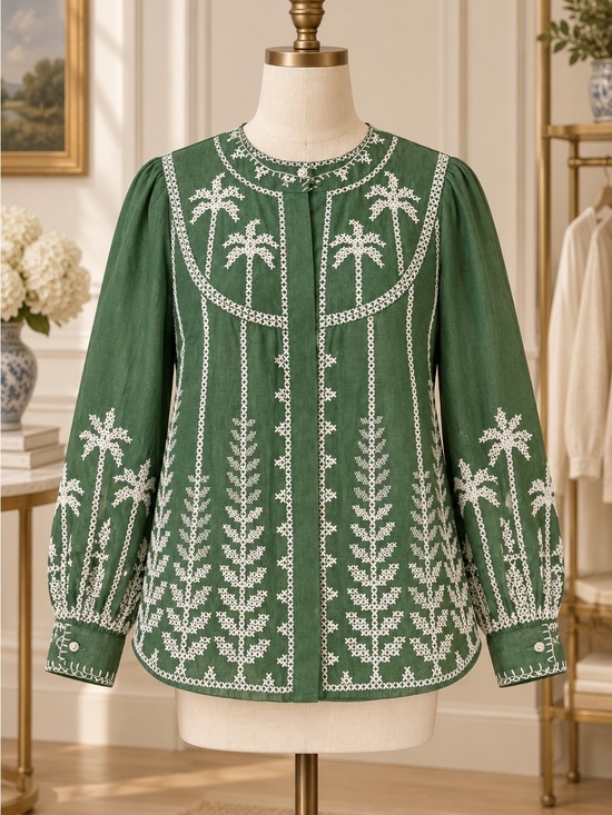 FARM Rio Tops - FARM Rio Green Embroidered needlepoint Long-Sleeve Blouse NWT $298